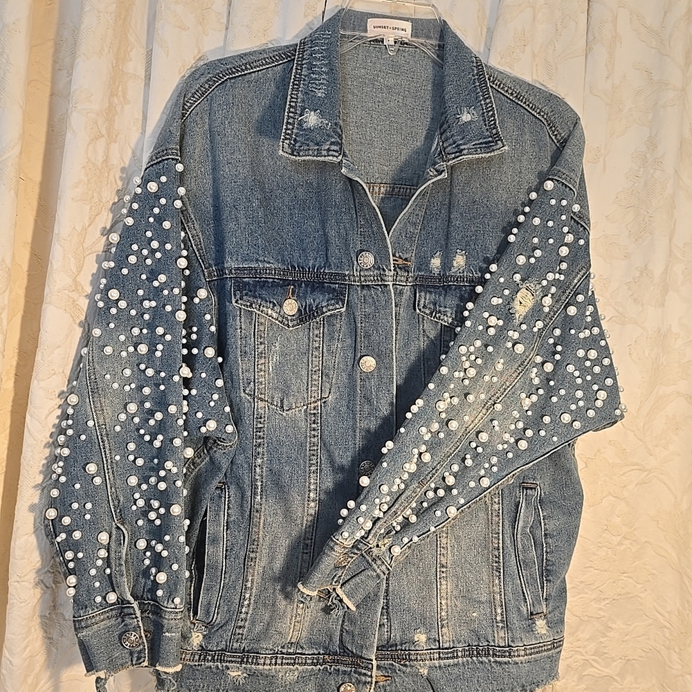 Light Blue Denim Jacket with Pearl Embellishments